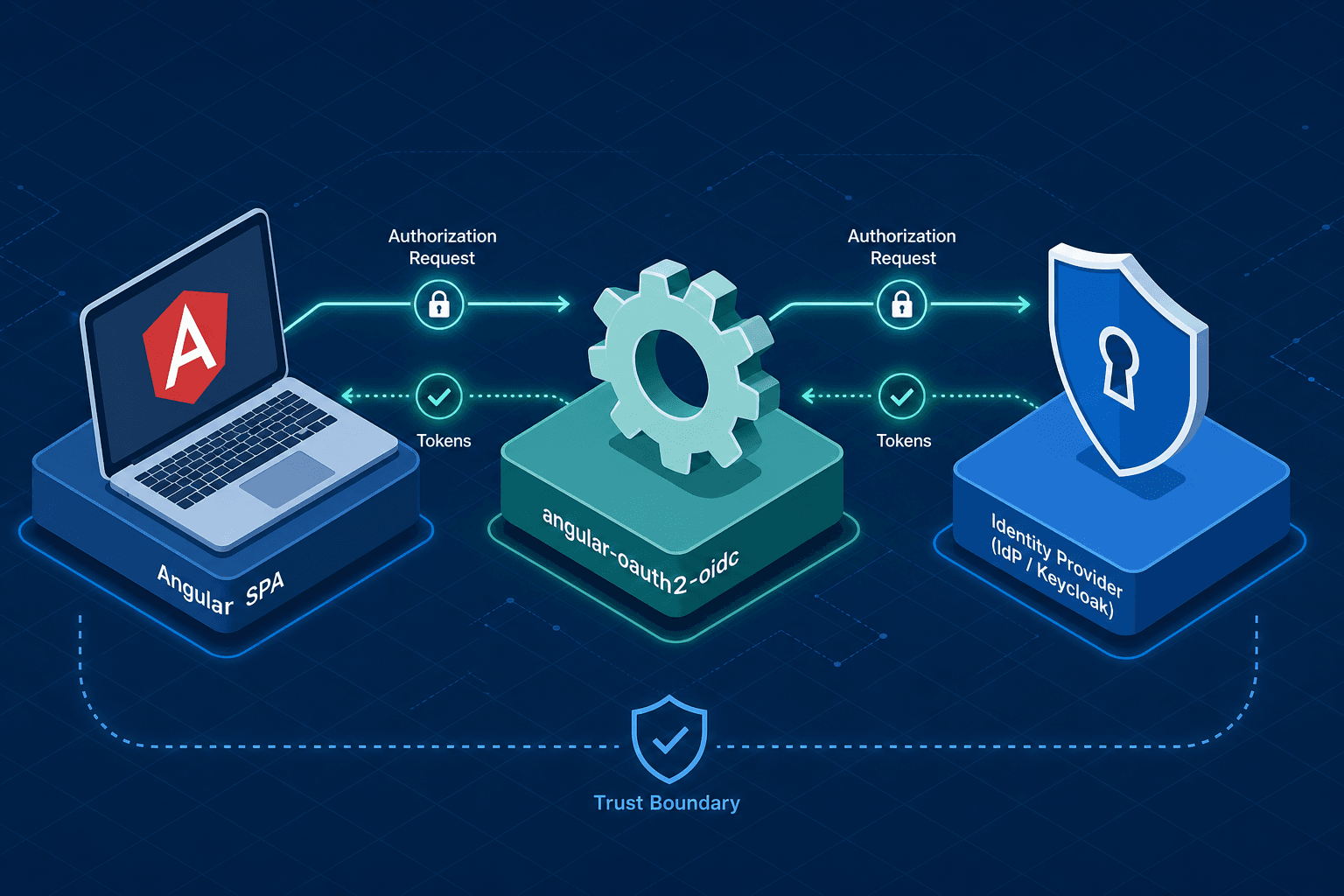 Diagram illustrating the trust boundary between an Angular SPA, the angular-oauth2-oidc library, and an Identity Provider.