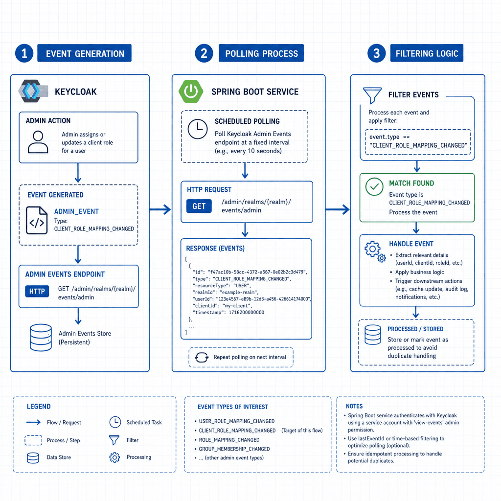 Technical diagram showing a Spring Boot service polling Keycloak Admin Events endpoint for USER_ROLE_MAPPING_CHANGED events, with a flow arrow indicating event detection and filtering. Style : clean line art, blue and gray palette, white background.