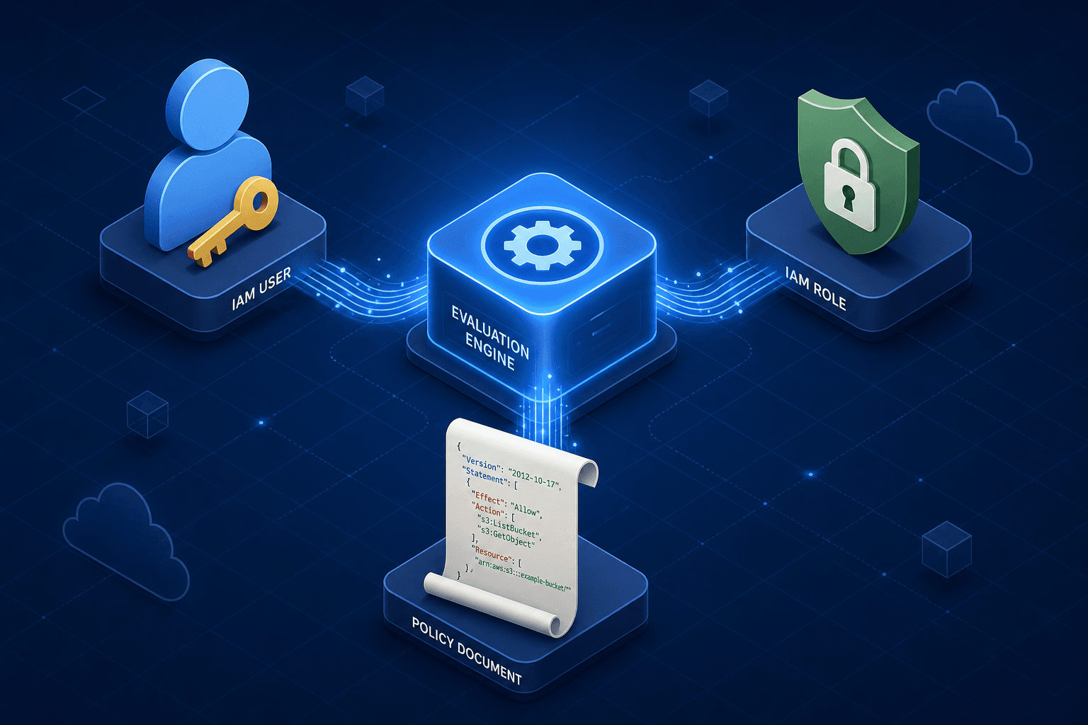 Diagram illustrating the interaction between IAM Users, Roles, and Policy Documents within the AWS ecosystem.