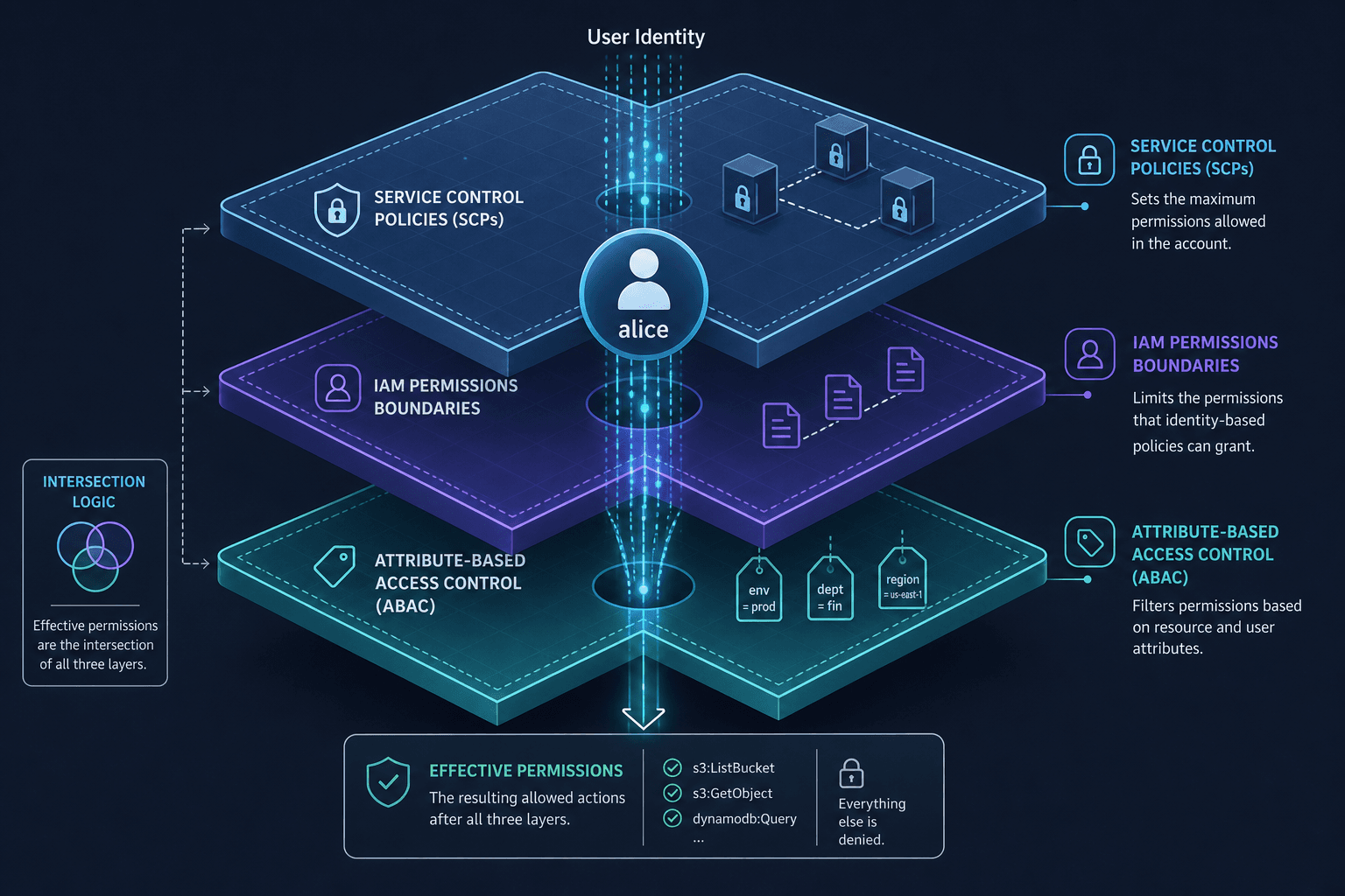 Diagram illustrating the layered architecture of AWS IAM Permissions Boundaries, SCPs, and ABAC.