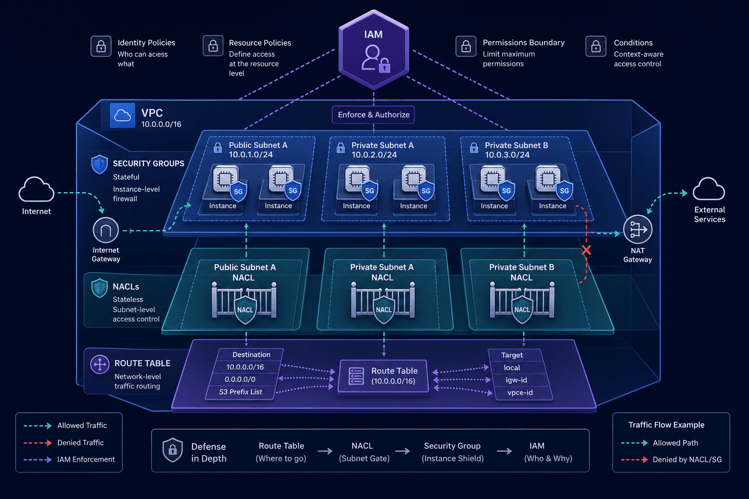 Diagram illustrating the layered defense of AWS VPC, Security Groups, NACLs, and IAM integration.