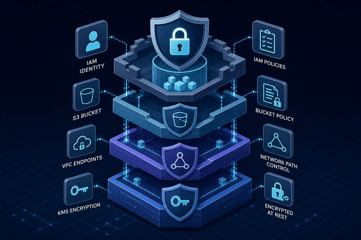 Diagram illustrating the layered security model of AWS S3 including IAM, Bucket Policies, VPC Endpoints, and KMS.