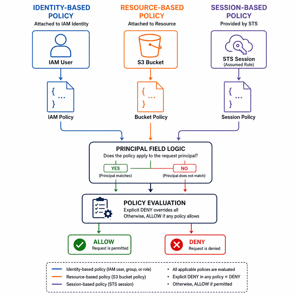A technical architecture diagram showing the difference between Identity-based and Resource-based policies. Left side : An IAM User icon connected to an IAM Policy document. Right side : An S3 Bucket icon with a separate Bucket Policy document attached to it. Center : A decisi…