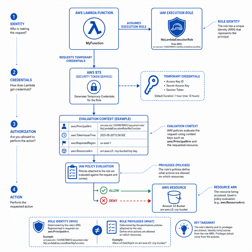 Technical diagram showing an AWS Lambda function with an attached IAM execution role. The diagram should illustrate the flow of temporary credentials generated by AWS STS, the evaluation context including aws : PrincipalArn, and the distinction between the identity of the role…