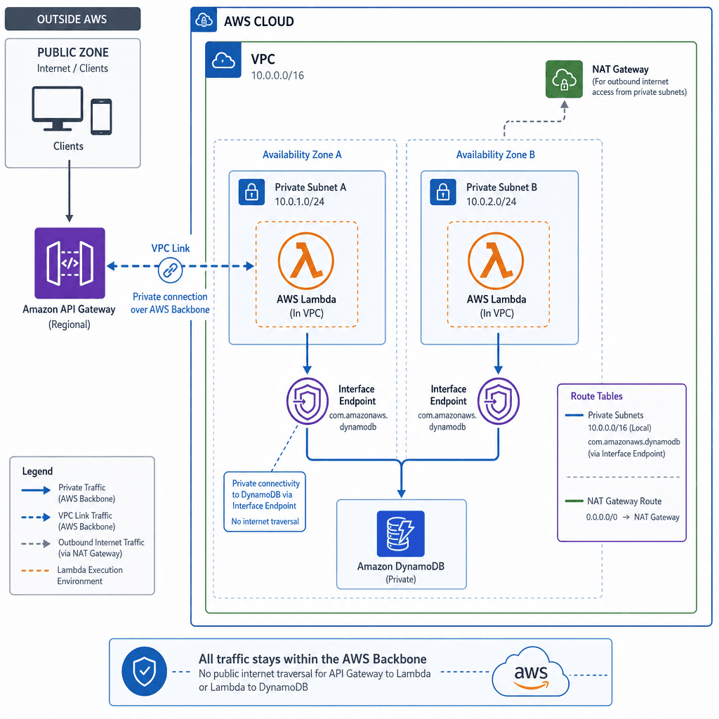 Network architecture diagram showing an AWS Lambda function deployed inside a VPC. Illustrate the VPC Endpoint (Interface Endpoint) connecting Lambda to DynamoDB privately, bypassing the public internet. Show the VPC Link connecting API Gateway to the private Lambda. Use arrow…