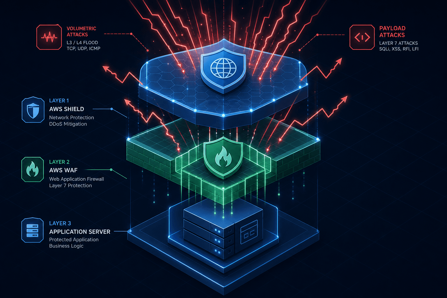 Diagram illustrating the layered defense of AWS Shield and WAF against Layer 7 attacks.