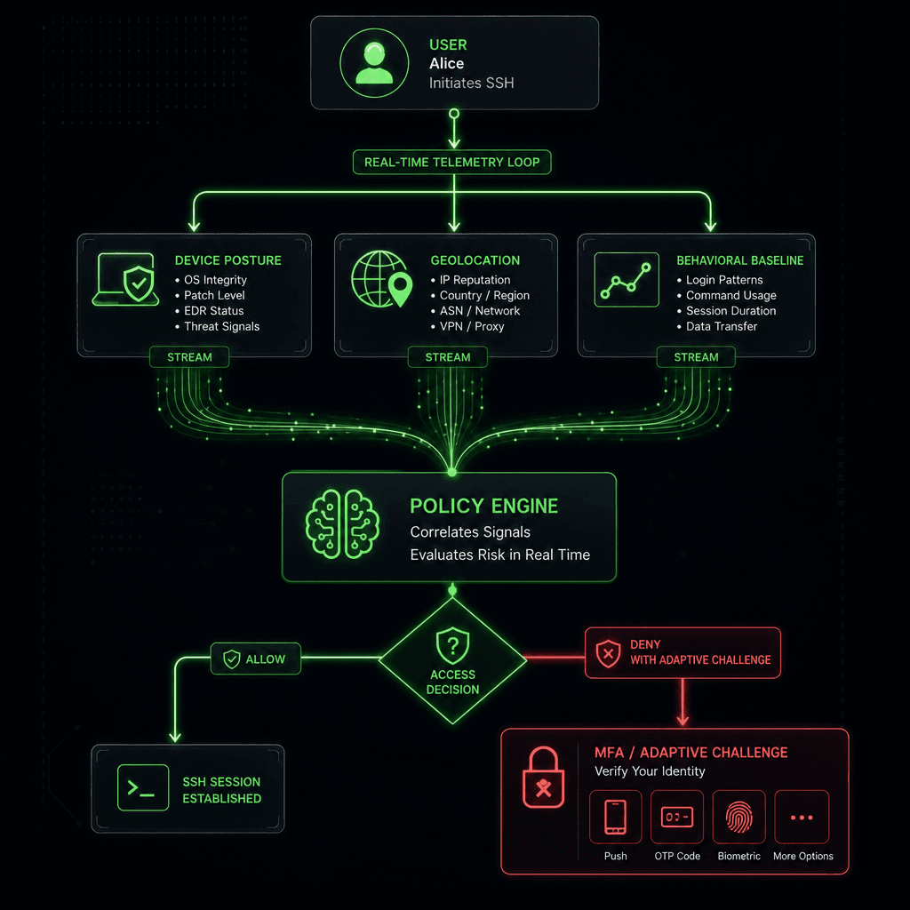 Flowchart visualization of a real-time telemetry loop. Top: User 'Alice' initiating SSH. Middle: Three parallel data streams labeled 'Device Posture', 'Geolocation', 'Behavioral Baseline' feeding into a 'Policy Engine'. Bottom: Decision node showing 'Deny with Adaptive Challen…