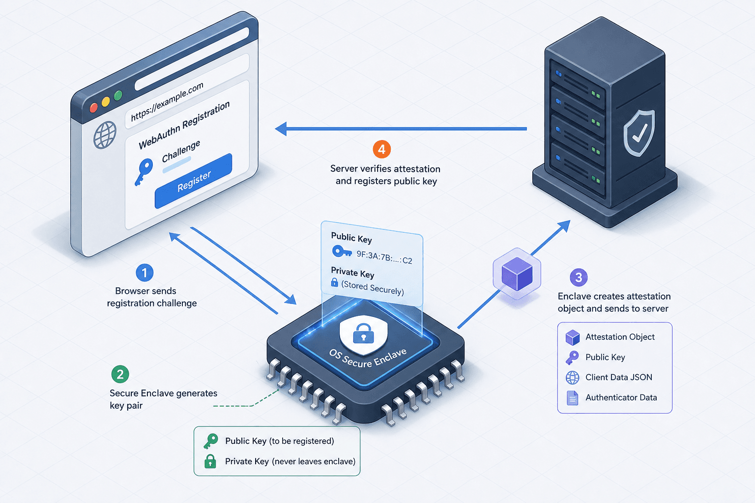 Diagram illustrating the WebAuthn registration and authentication flow with asymmetric keys.