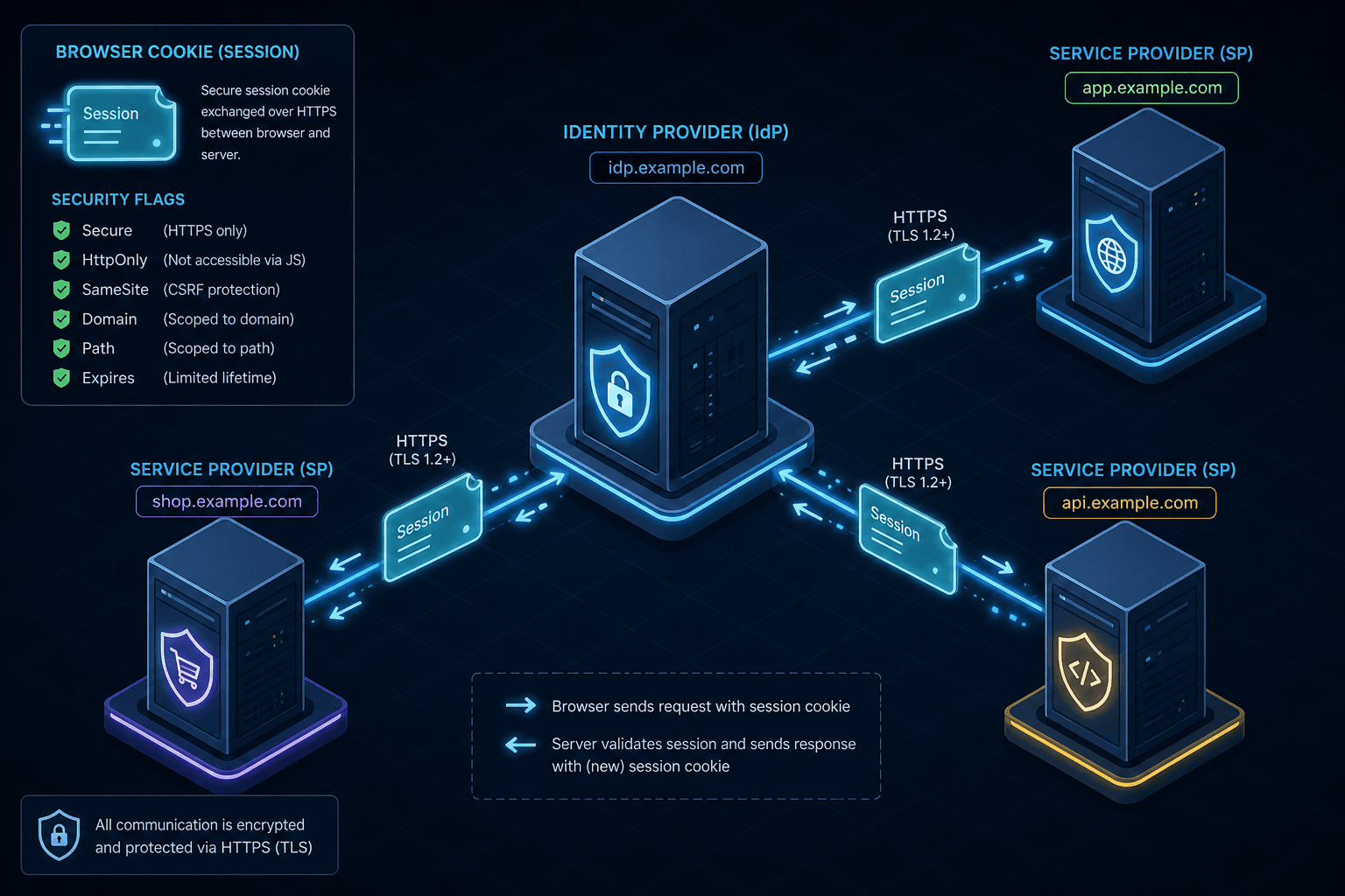 Diagram illustrating the flow of session cookies between an Identity Provider and multiple Service Providers with security flags highlighted.