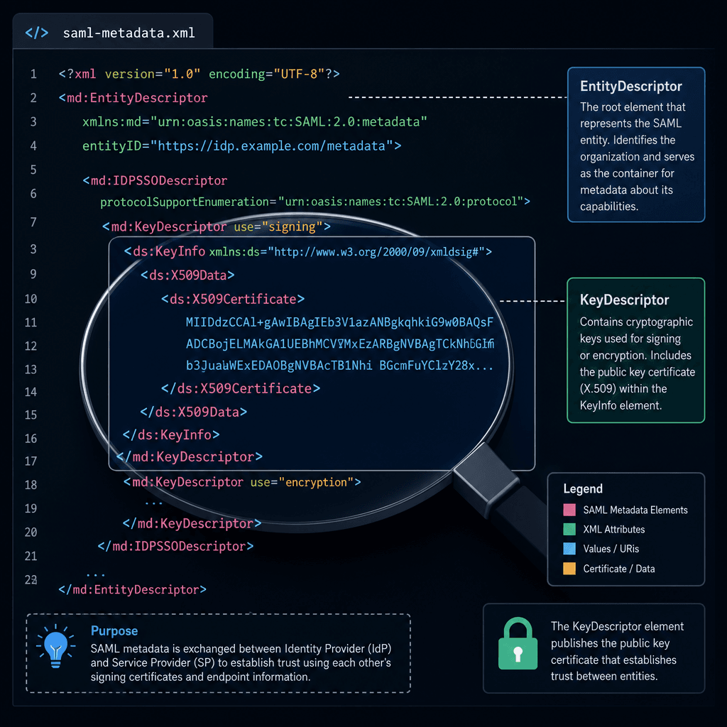 Technical diagram showing the SAML Service Provider and Identity Provider trust boundary. Illustrate the XML metadata exchange, specifically the EntityDescriptor and KeyDescriptor elements flowing between the two entities. Use a clean, architectural style with blue and grey to…