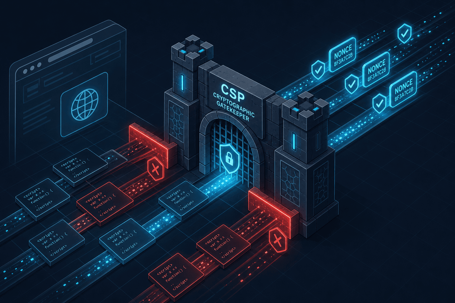 Diagram illustrating the cryptographic gatekeeper mechanism of Content Security Policy in identity flows.