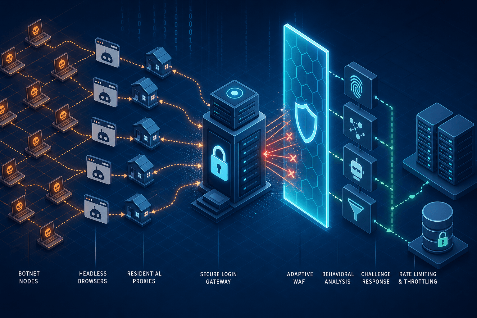 Diagram illustrating the mechanics of credential stuffing attacks and adaptive defense layers.