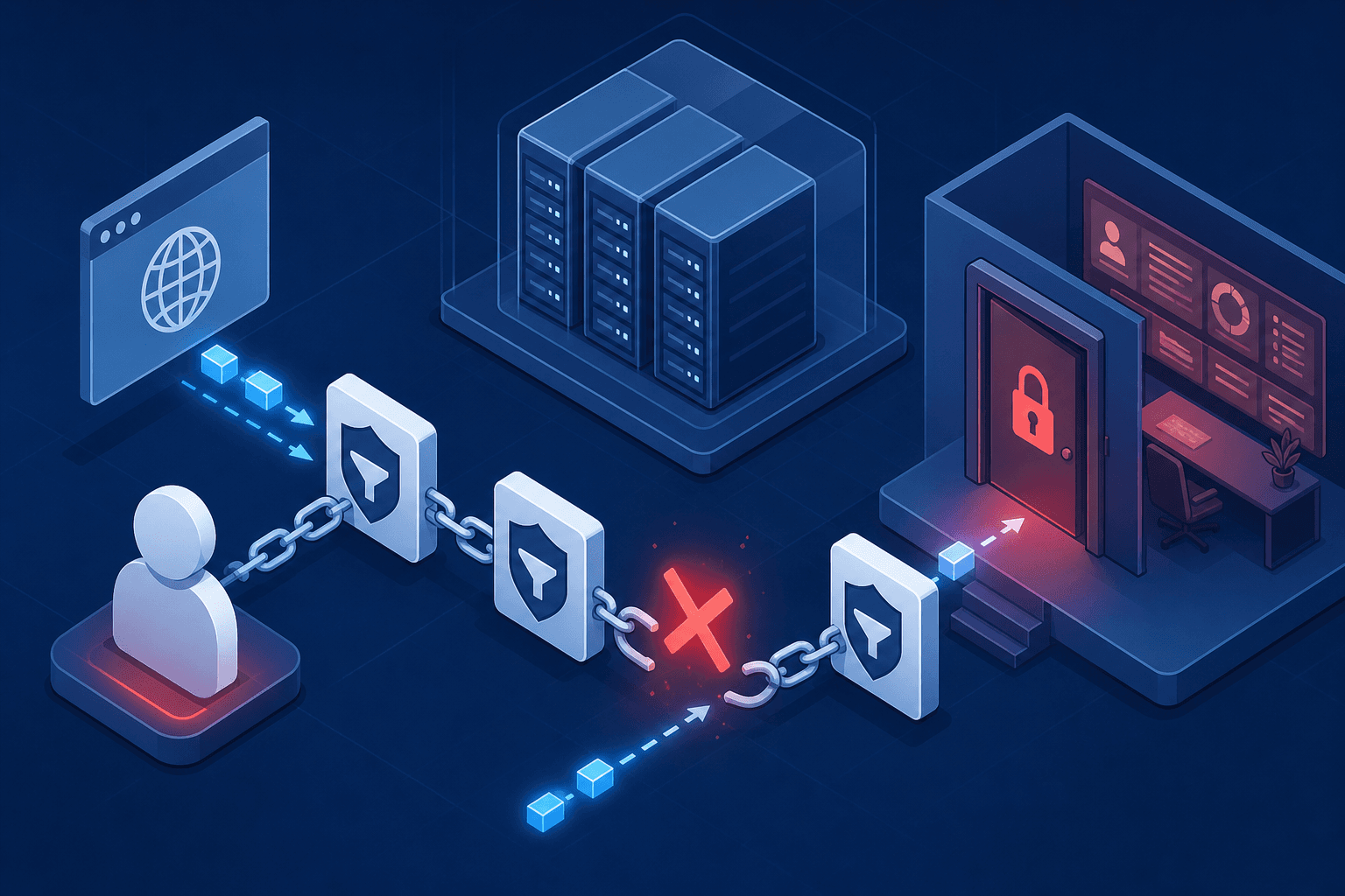 Diagram illustrating the gap between URL existence and access control in web applications.