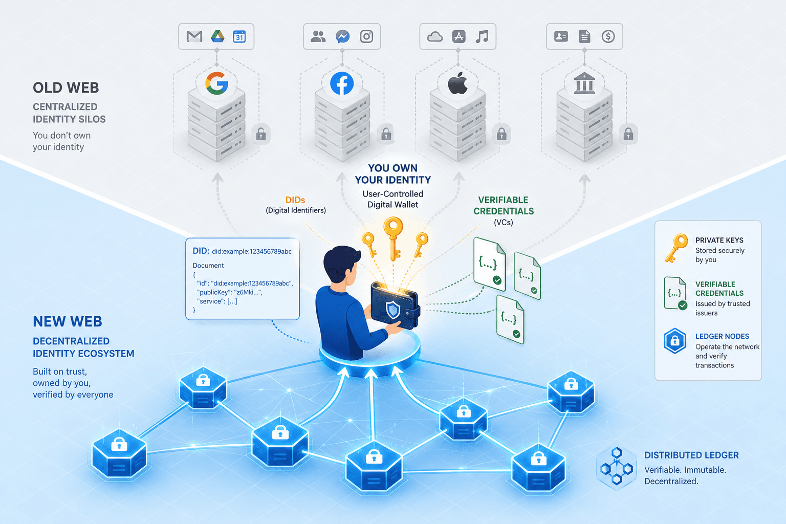 Diagram illustrating the shift from centralized identity silos to a decentralized user-controlled identity model using DIDs and Verifiable Credentials.