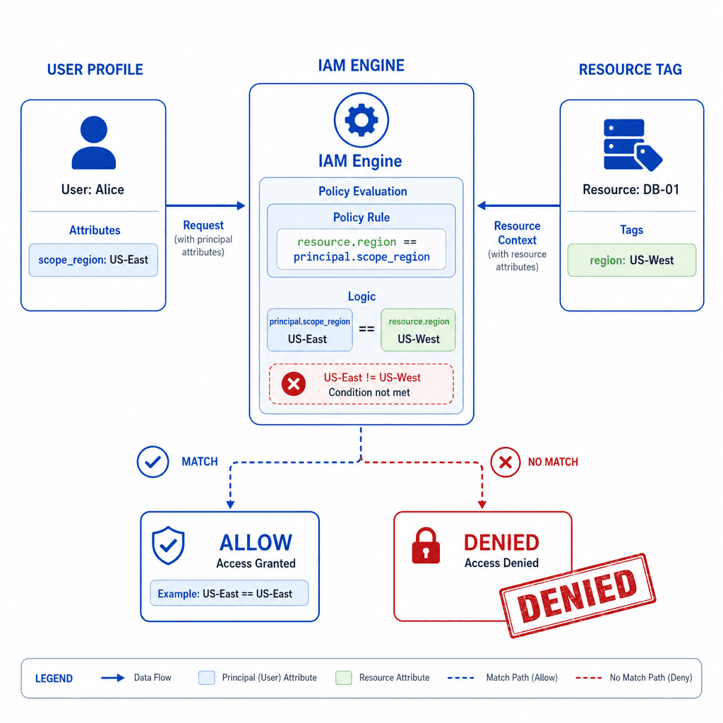 Technical diagram showing a central IAM engine evaluating a request. On the left, a user with 'scope_region : US-East'. In the center, a policy rule 'resource.region == principal.scope_region'. On the right, a resource tagged 'US-West' being denied access. Clean, flat design, …