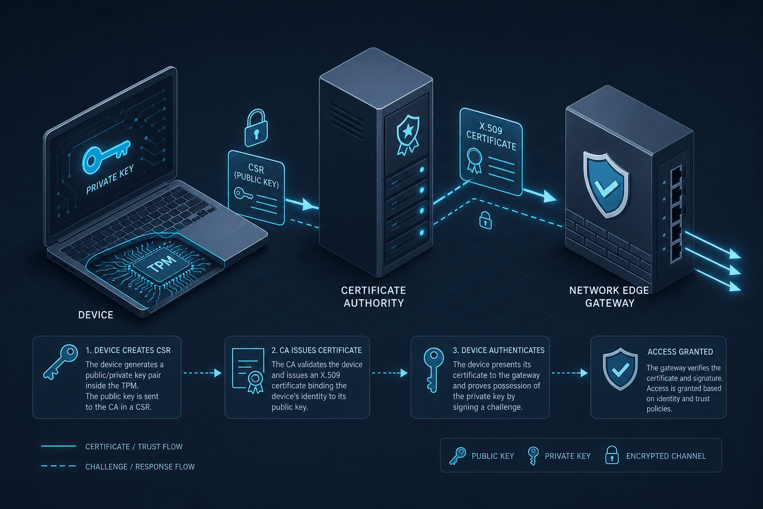 Diagram illustrating X.509 certificate binding between a device hardware nonce and a user identity in a Zero Trust architecture.