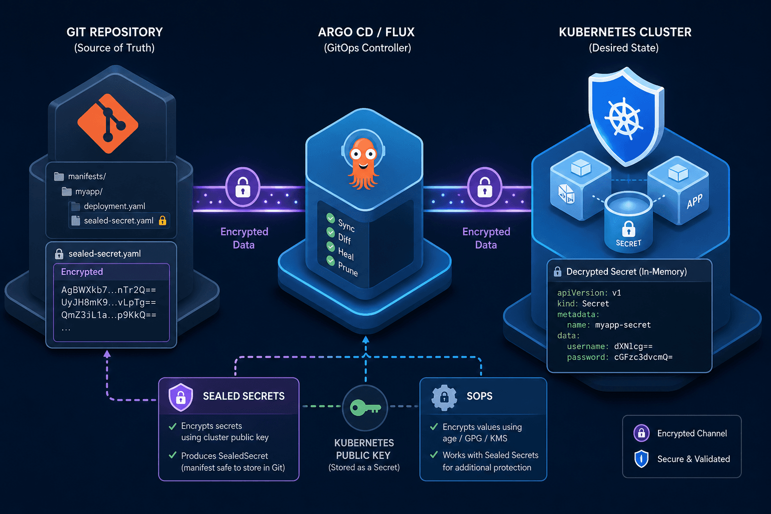 Diagram illustrating the GitOps security architecture with Sealed Secrets and SOPS.