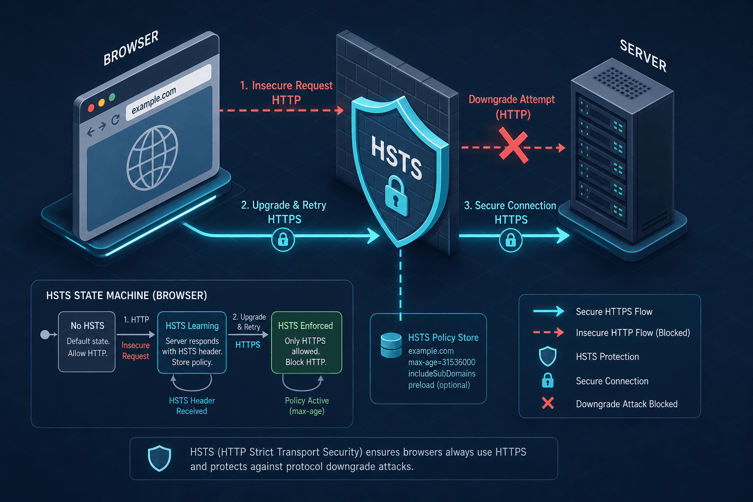 Diagram illustrating the HSTS state machine and protocol downgrade attack prevention in identity applications.