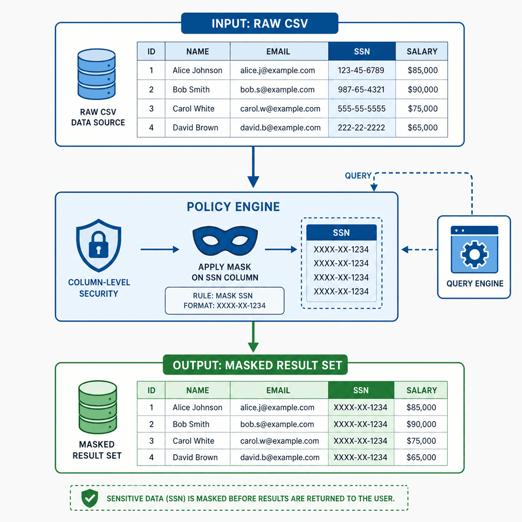 Technical flowchart illustrating column-level security. Input : Raw CSV. Process : Policy Engine applying mask to SSN column. Output : Masked result set. Use clean lines, technical icons for database and query engine. Blue and green color palette.