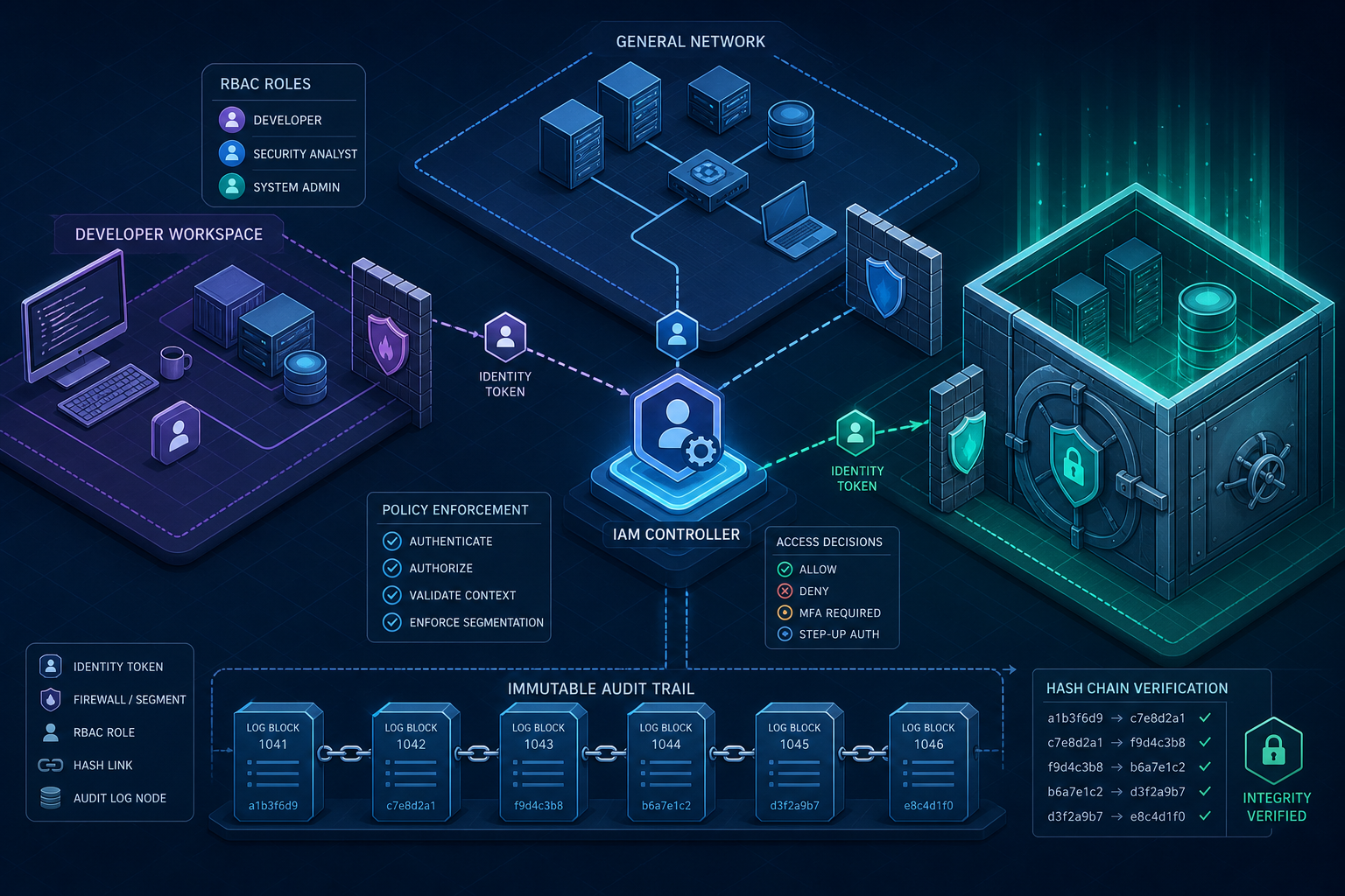Diagram illustrating the intersection of Identity and Access Management, PCI-DSS segmentation, and SOX audit trails in a financial architecture.