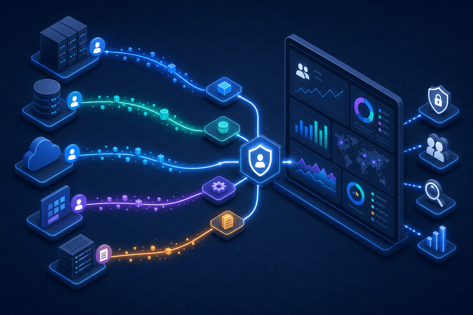 Diagram illustrating the flow of IAM metrics from data sources to security dashboards.