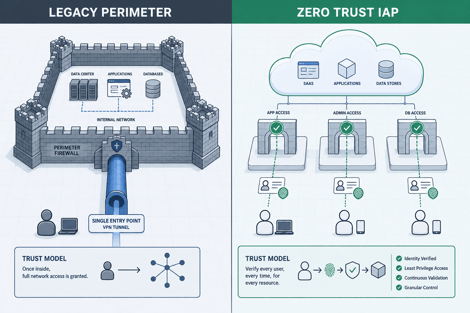 Diagram illustrating the shift from perimeter-based network security to identity-aware proxy architecture.
