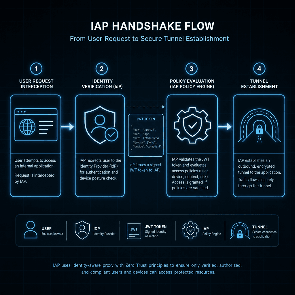 A technical diagram contrasting a legacy perimeter network with a modern Zero Trust architecture. Left side shows a fortress wall (firewall) with a tunnel (VPN) leading to internal servers. Right side shows a cloud environment with individual application gates (IAP) checking u…