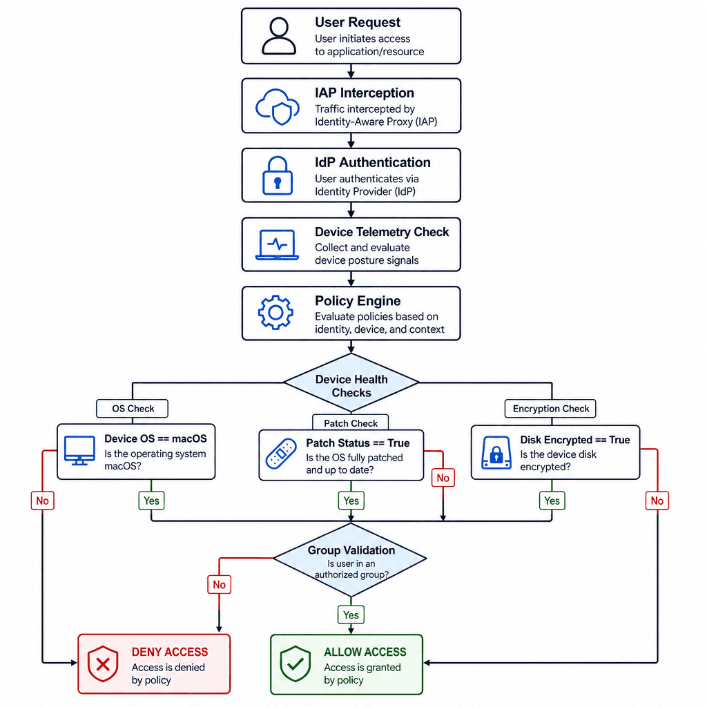 Flowchart showing the Zero Trust decision process. Nodes : User Request -> IAP Interception -> IdP Authentication -> Device Telemetry Check -> Policy Engine -> Allow/Deny. Arrows show data flow. Background subtle grid. Style : minimalist technical diagram, high contrast lines,…