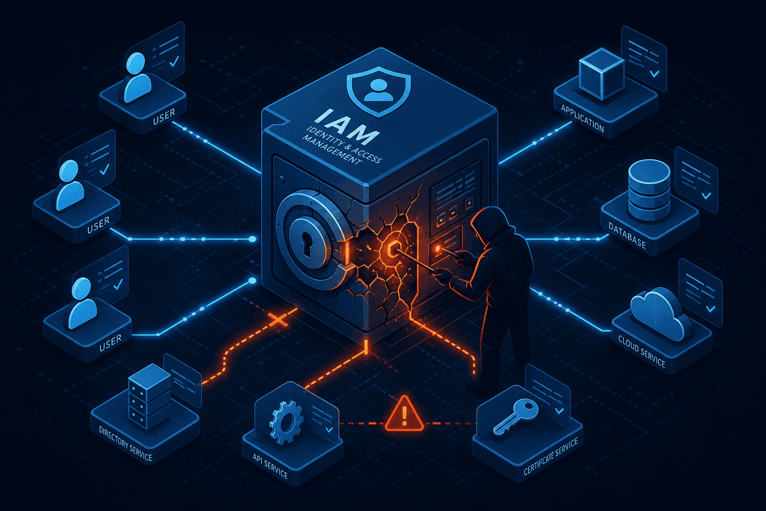 Diagram illustrating the concept of a compromised Identity and Access Management system acting as a keymaker.