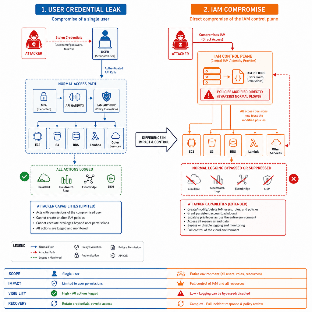 Technical diagram illustrating the difference between a standard user credential leak and a full IAM control plane compromise. Show a network architecture with a central IAM server, highlighting how an attacker bypasses normal logging to modify policies directly. Style : clean…