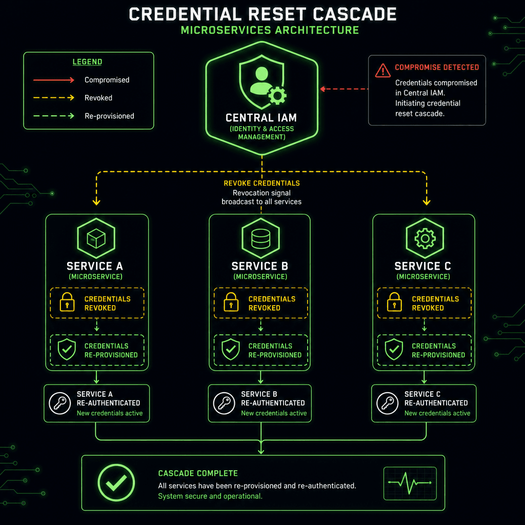 Flowchart diagram showing the 'credential reset cascade' in a microservices architecture. Arrows indicate the flow of revocation from the central IAM system to Service A, Service B, and Service C. Visual style : technical schematic, dark background, neon green and white lines,…