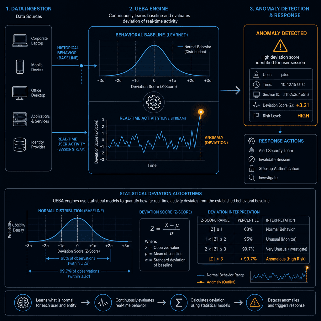 Technical diagram showing a UEBA engine comparing real-time user activity against a historical behavioral baseline. The visualization should highlight statistical deviation algorithms, showing a normal distribution curve and an outlier data point representing a compromised ses…