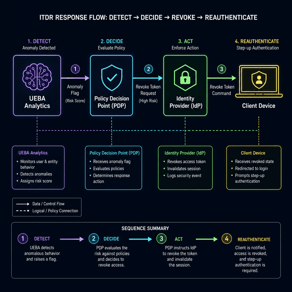 System architecture diagram illustrating the data flow of an ITDR response. Show a UEBA engine connecting to a PDP, which then sends a revoke command to an IdP and triggers a re-authentication prompt on a client device. Use arrows to show the causal chain from detection to act…