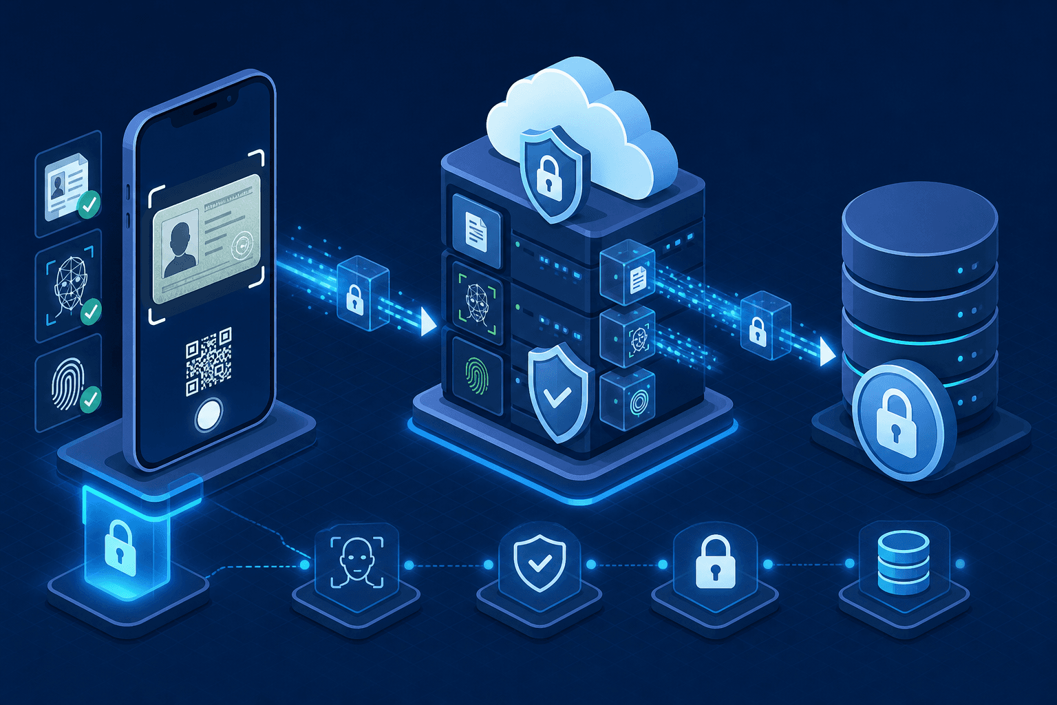 Diagram illustrating the KYC identity verification pipeline from document capture to biometric matching.