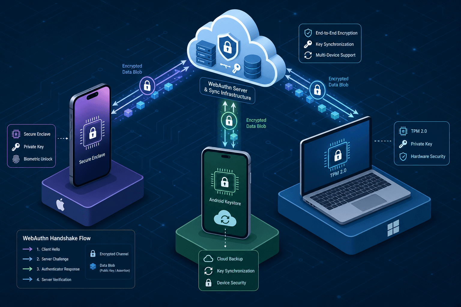 Diagram illustrating the WebAuthn handshake and cloud sync flows across Apple, Google, and Microsoft ecosystems.