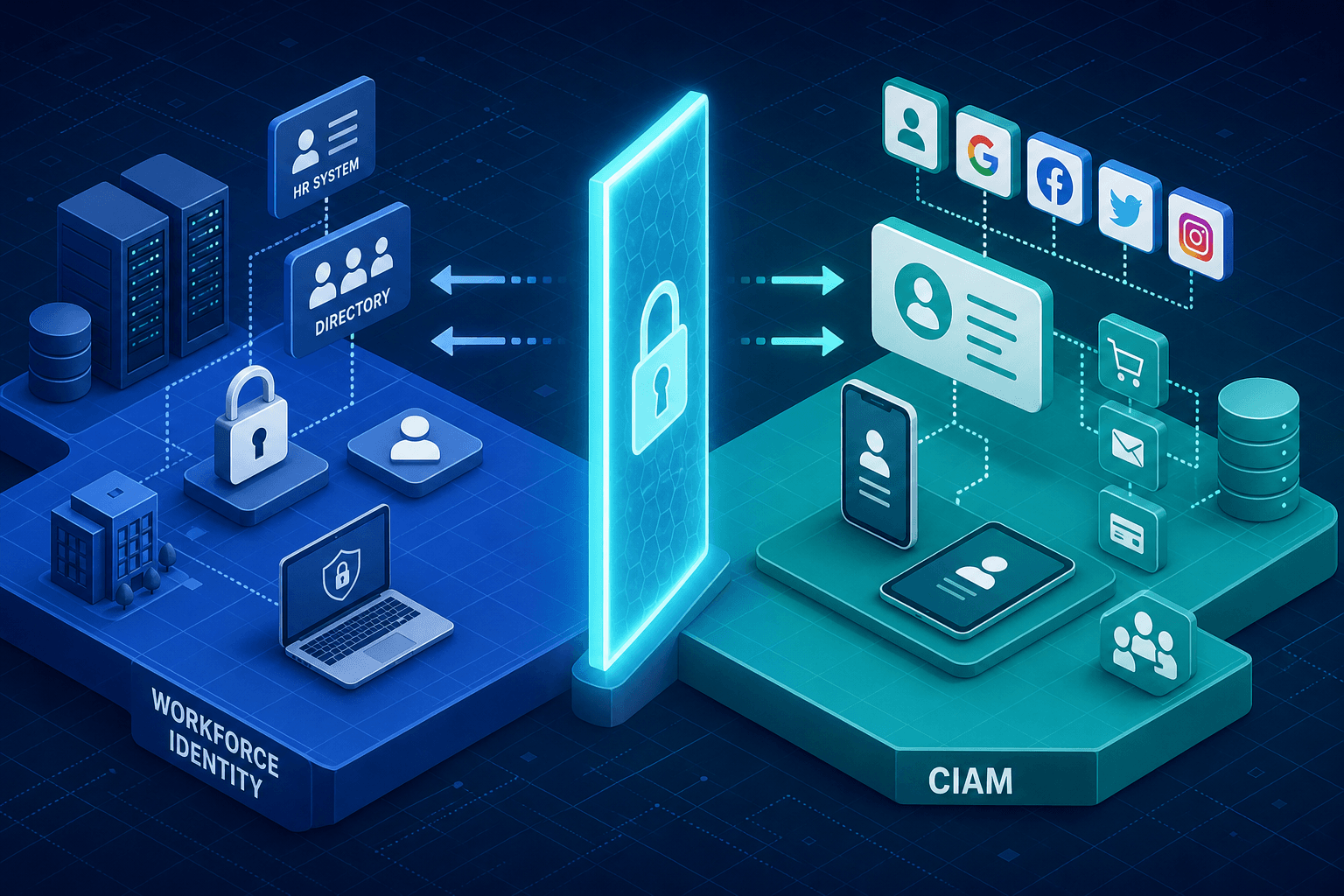 Diagram illustrating the separation of Workforce Identity and Customer Identity (CIAM) planes.