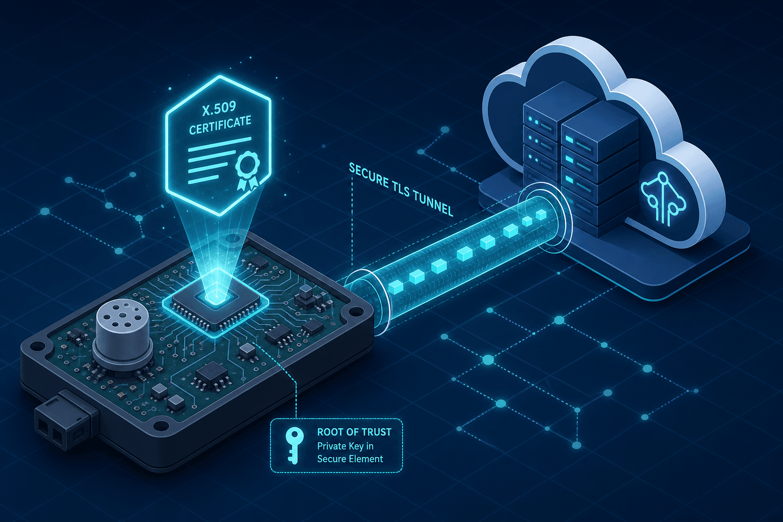 Diagram illustrating the cryptographic root of trust in IoT devices with X.509 certificates and MQTT handshake.