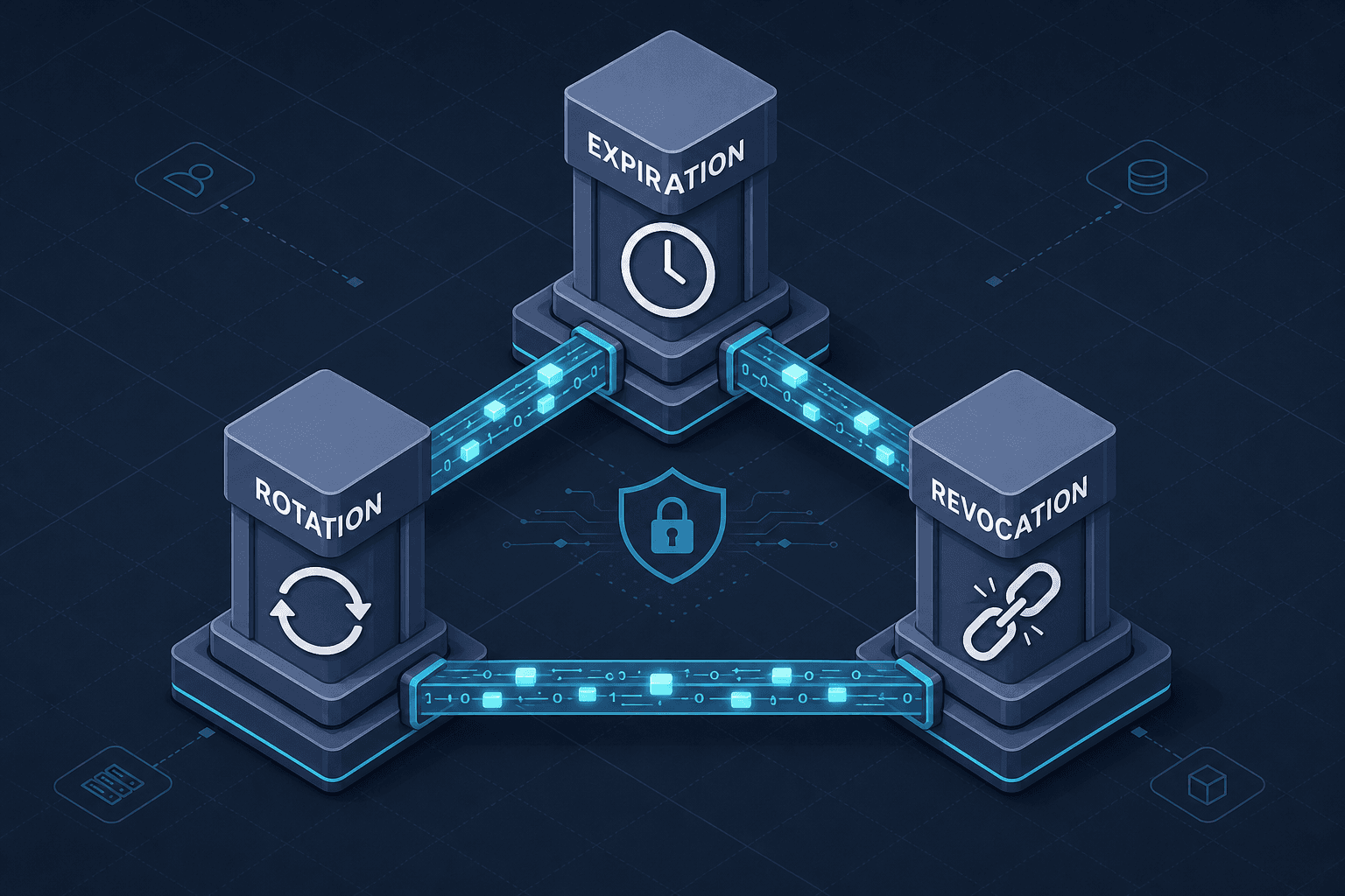 Diagram illustrating the three pillars of JWT security: Expiration, Rotation, and Revocation.