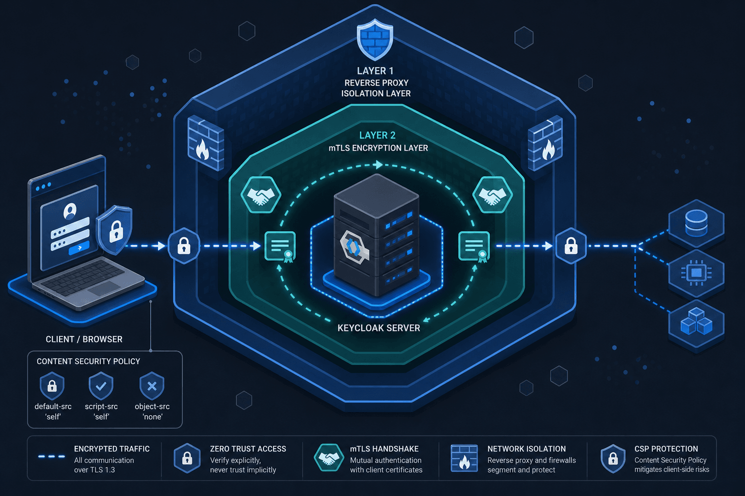 Diagram illustrating Zero Trust architecture layers for Keycloak including mTLS, network isolation, and CSP headers.
