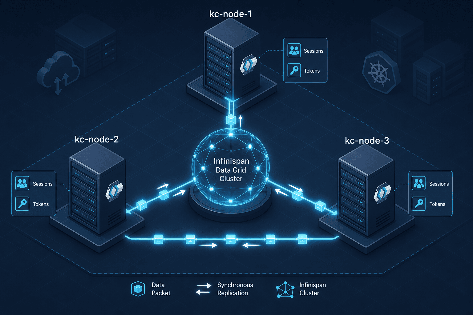 Architecture diagram illustrating Keycloak clustering with Infinispan across multiple nodes.