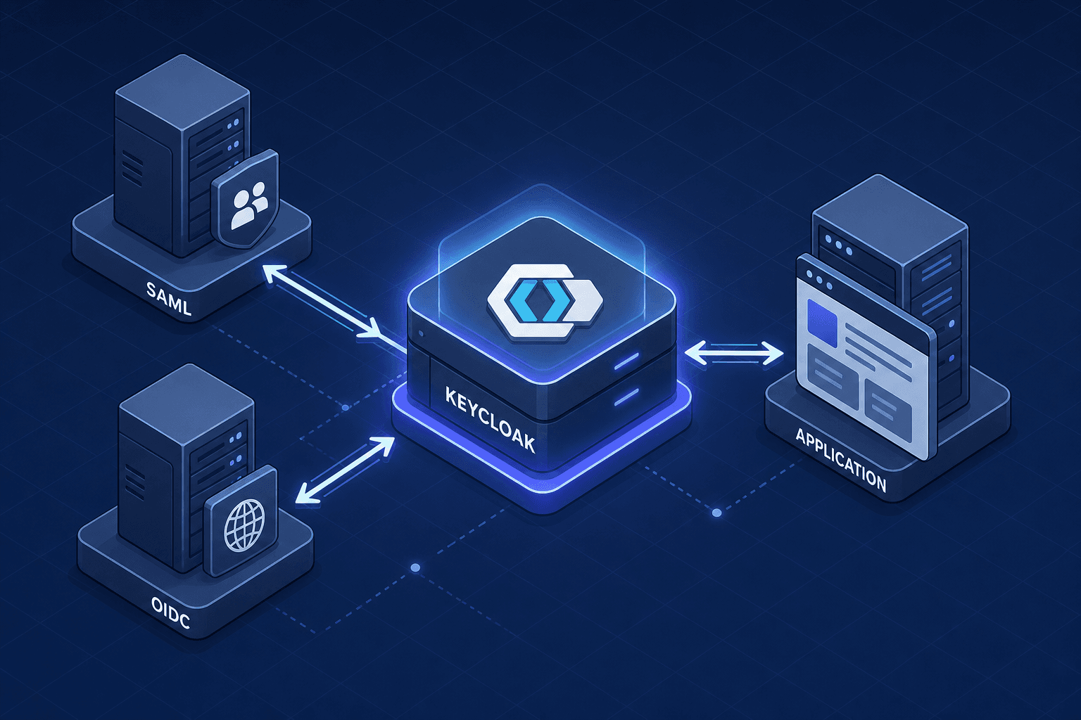 Diagram showing Keycloak bridging SAML and OIDC identity providers to a central application.
