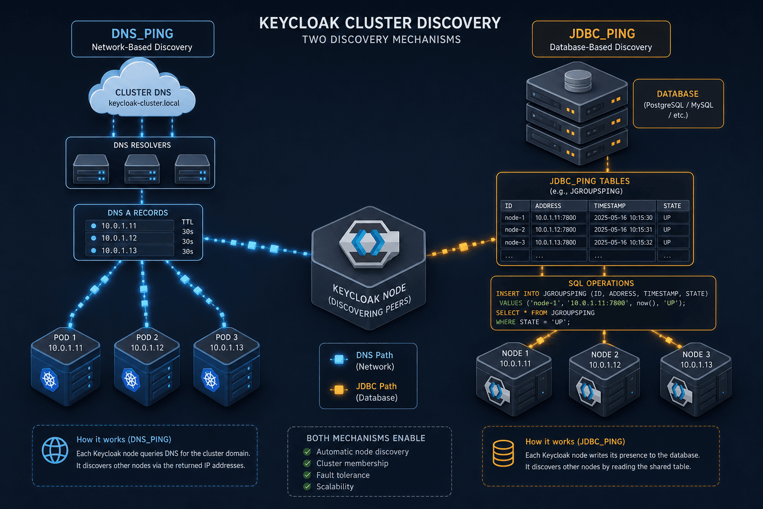 Diagram comparing DNS_PING and JDBC_PING cluster discovery mechanisms in Keycloak.