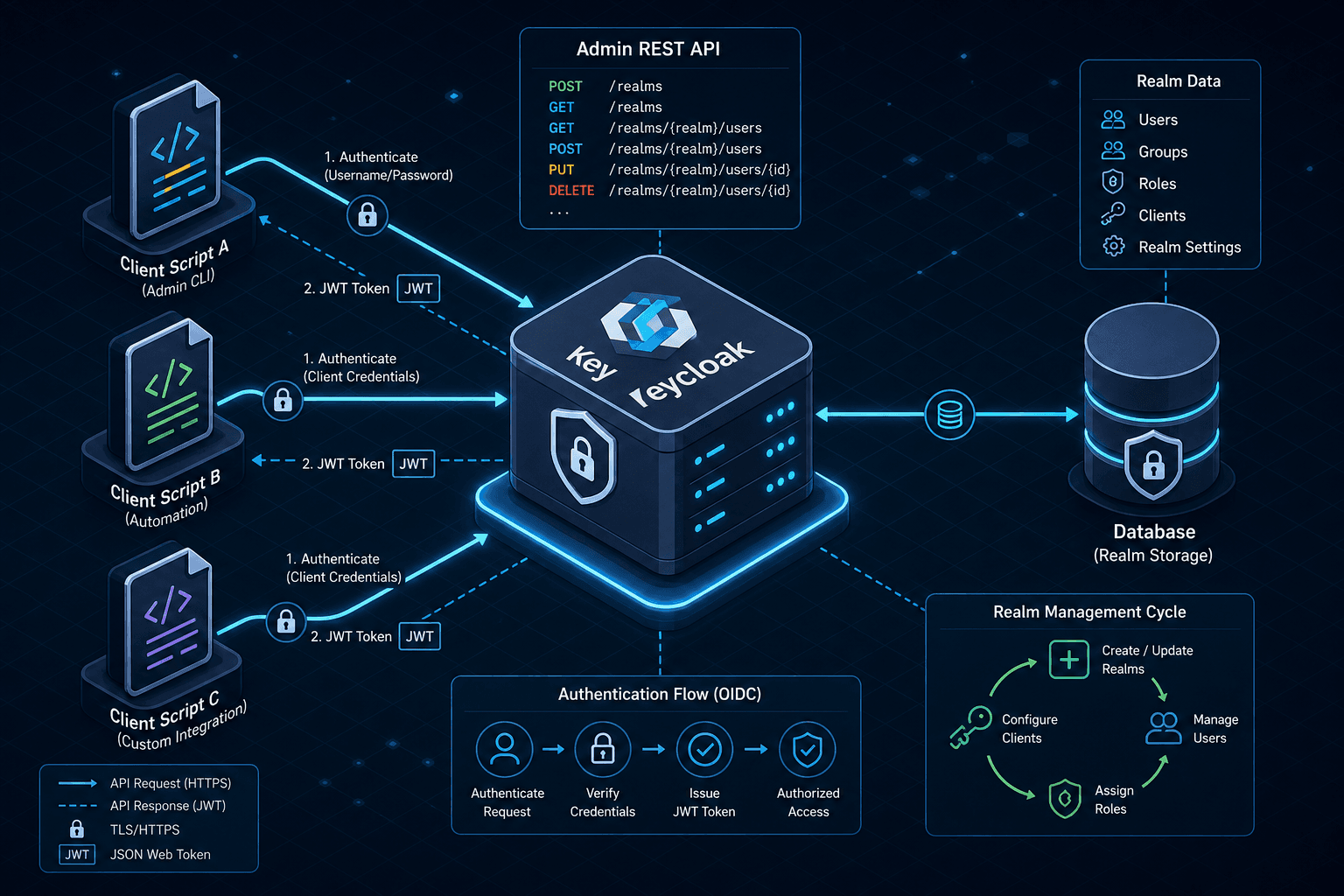Diagram illustrating the Keycloak Admin API flow from authentication to realm and user management.
