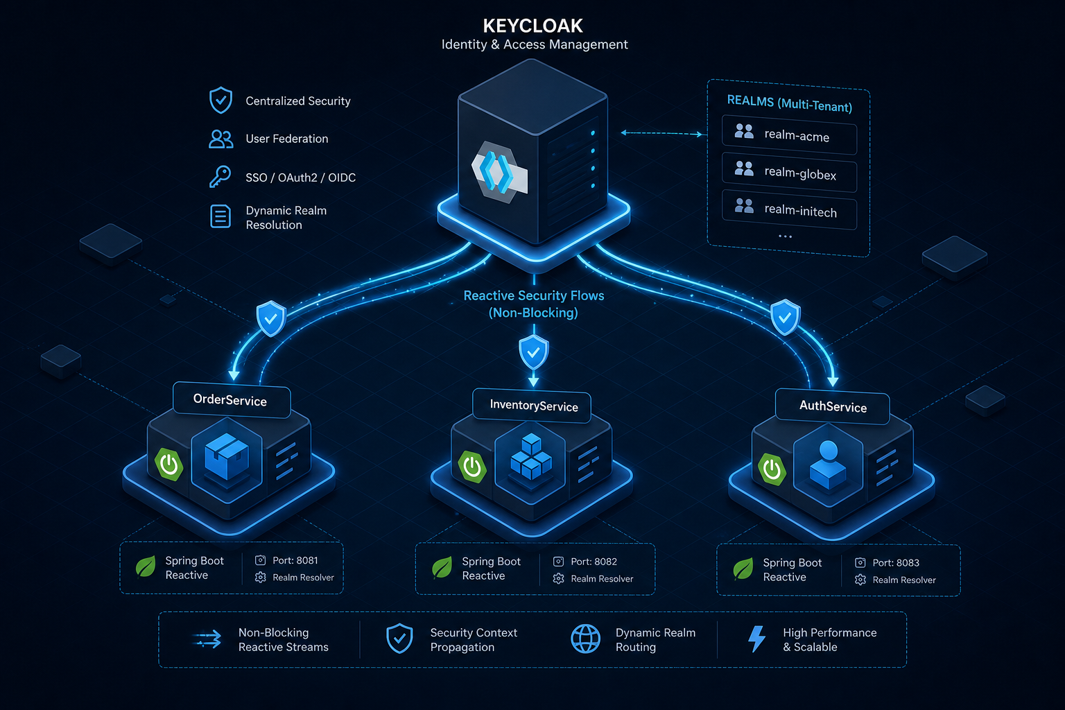 Diagram illustrating Keycloak and Spring Boot integration patterns for multi-tenancy and reactive security.