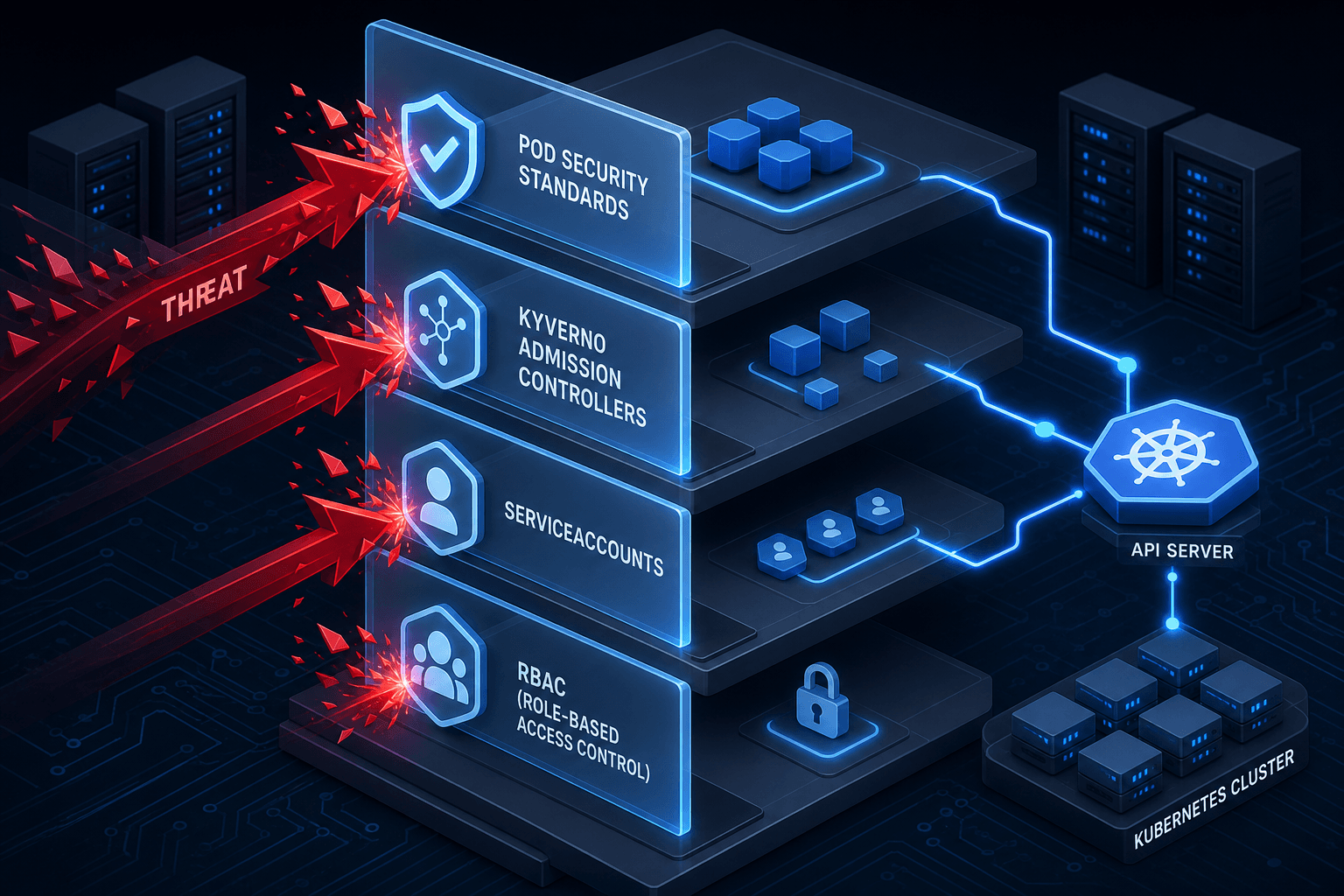 Diagram illustrating the layered defense of Kubernetes RBAC, ServiceAccounts, Kyverno, and Pod Security Standards.