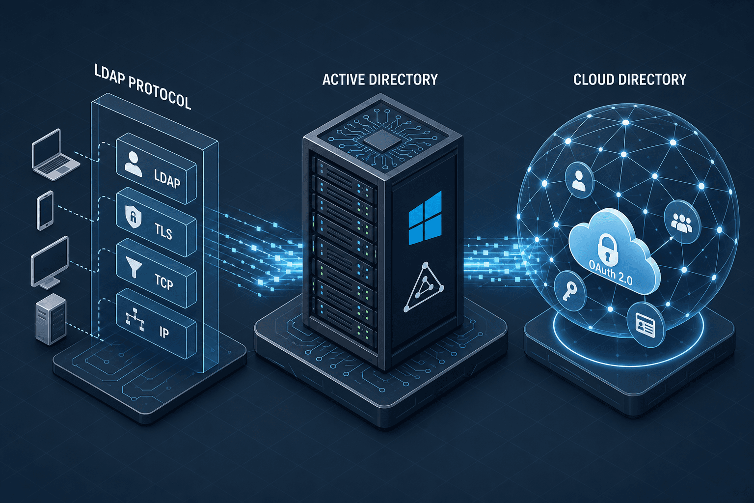 Diagram comparing LDAP protocol, Active Directory infrastructure, and Cloud Directory service models.