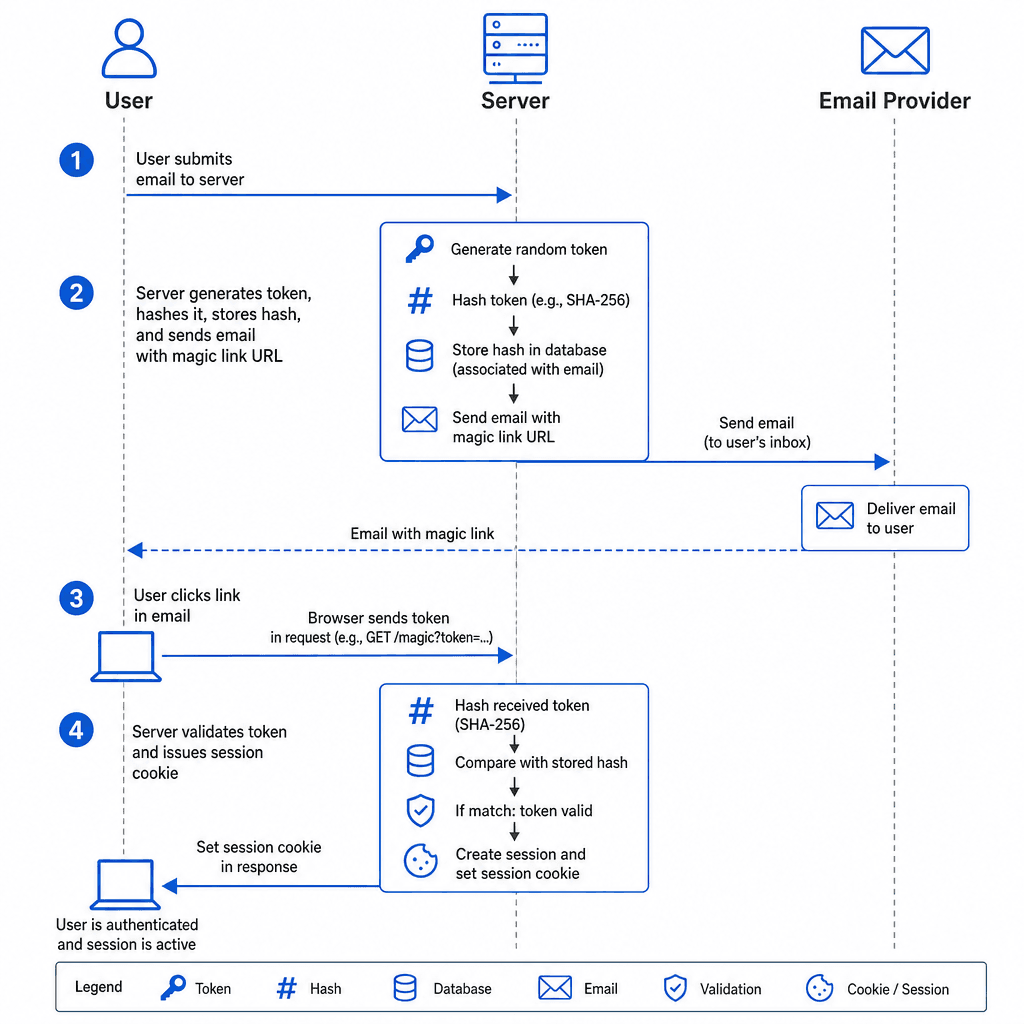 A technical sequence diagram illustrating the magic link authentication flow. Show a user icon, a server icon, and an email server icon. Arrows should depict : 1. User submits email to server. 2. Server generates token, hashes it, stores hash, sends email with URL. 3. User cli…