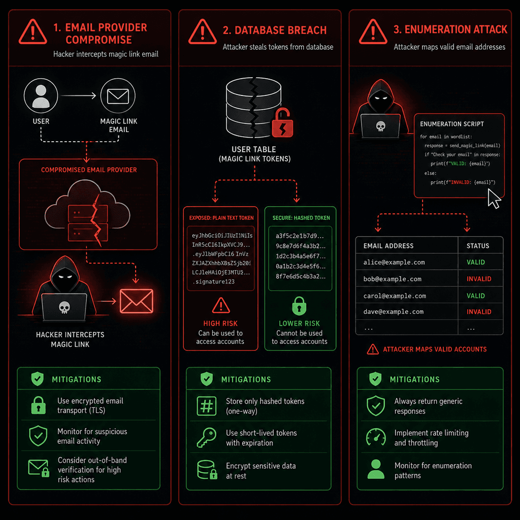 A conceptual architecture diagram showing security threats in magic link authentication. Visualize three distinct threat vectors : 1. Email provider compromise showing a hacker intercepting an email. 2. Database breach showing stolen hash vs plain text token. 3. Enumeration at…