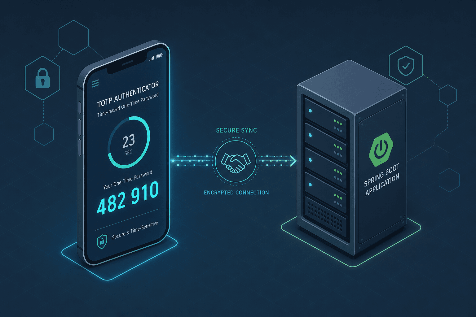 Diagram illustrating the TOTP authentication flow between a user device and a Spring Boot server.