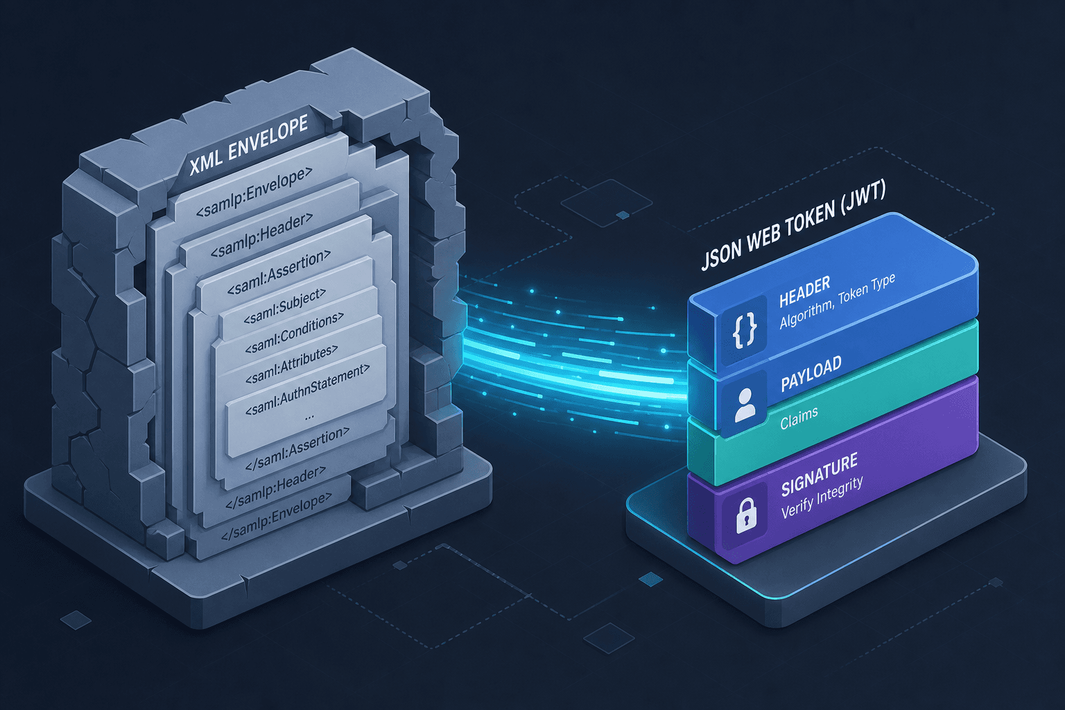 Diagram illustrating the architectural shift from SAML XML envelopes to OIDC JSON Web Tokens.